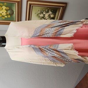 Pashmina type shawl tan blue rust colors fringe